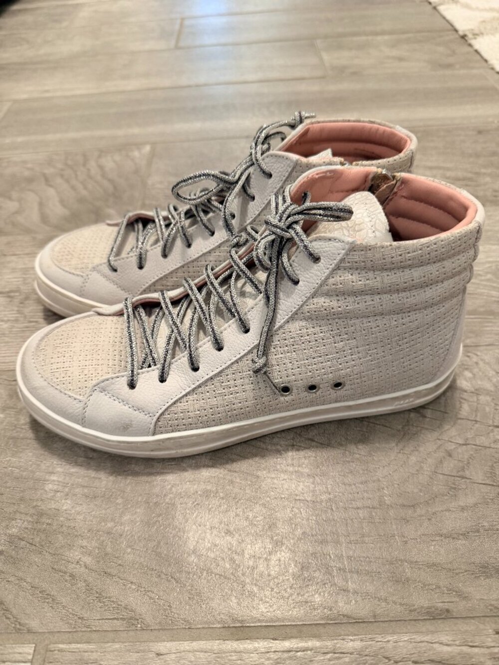 P448 Women's Italian Leather High Top Sneakers Size 37 US 7 White Pink Side Zip
